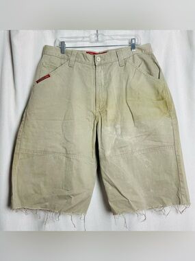 JNCO Mandrels Wide Leg Long Cutoff Shorts Men's 36 Khaki Beige Y2K Cotton Skater